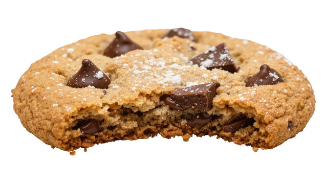 Bitten chocolate chip cookie with melted chocolate chips dusted with powdered sugar, isolated on transparent background