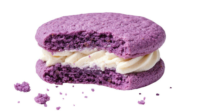 Purple macaron cookie with cream filling bite taken out, isolated on transparent background