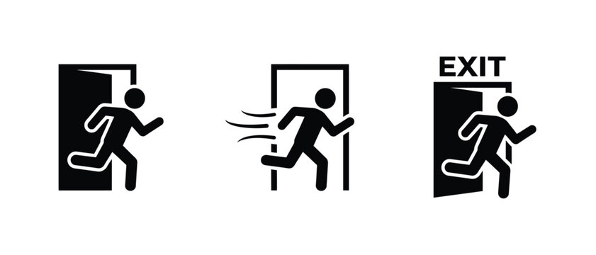 Emergency exit icon set with running man silhouettes and open doors for evacuation, escape routes, fire safety, and emergency signage.
