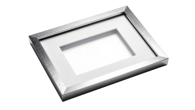 Brushed silver picture frame with white mat, isolated on transparent background