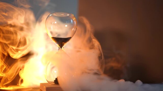 An hourglass on a wooden stand, framed by swirling smoke, is a vivid metaphor for the fleeting nature of time.