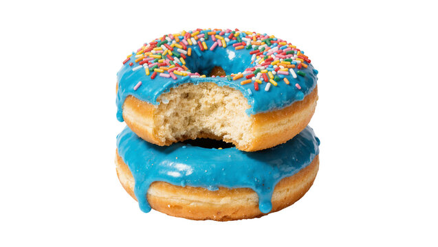 Two blue frosted donuts with sprinkles stacked one bitten, isolated on transparent background
