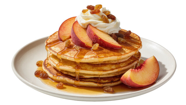 Stack of golden pancakes with whipped cream sliced peaches raisins and syrup, isolated on transparent background