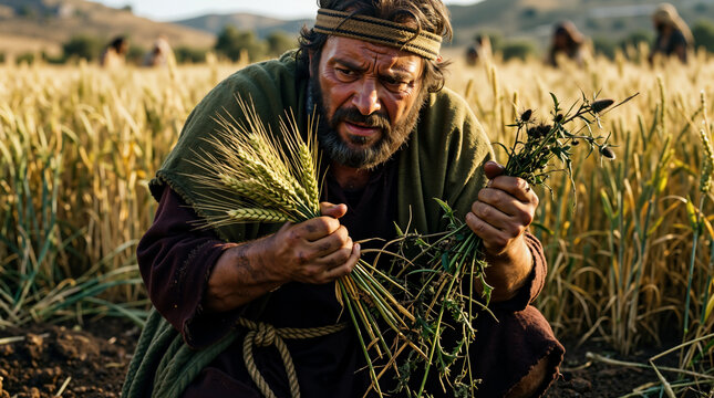Biblical farmer discovering weeds among wheat crop. Close up of worried ancient man holding tares and wheat in field. Parable of the wheat and the tares religion concept