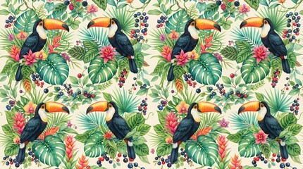 Fototapeta premium Watercolor seamless pattern with toucans and tropical jungle foliage
