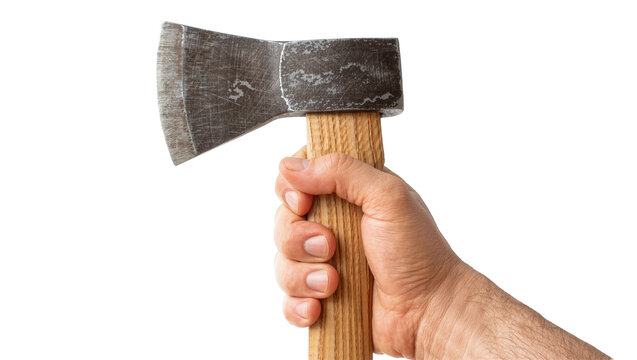 Man s hand holding a weathered axe with a wooden handle, isolated on transparent background