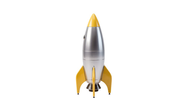 Retro silver and yellow rocket ship with fins, isolated on transparent background