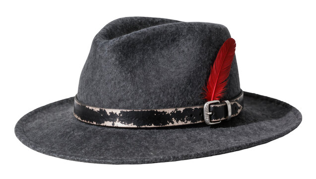 Dark grey felt fedora hat with black distressed band and red feather, isolated on transparent background