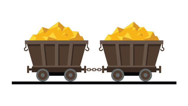 Two brown mining carts filled with gold ore on a rail track