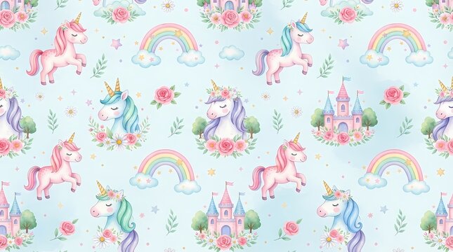 Seamless pattern with watercolor unicorns rainbows and castles on blue