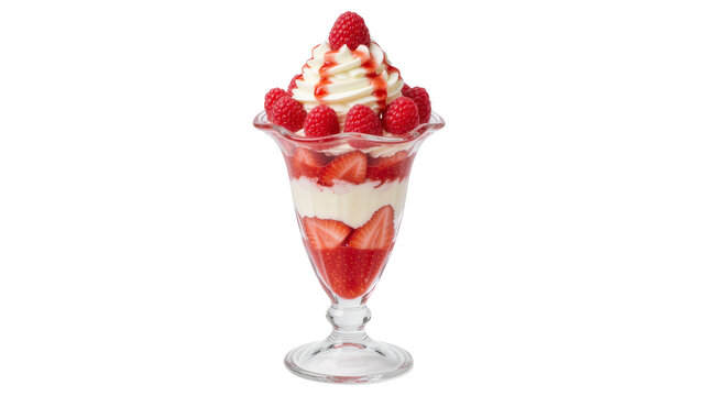 Strawberry and raspberry parfait with whipped cream and syrup, isolated on transparent background