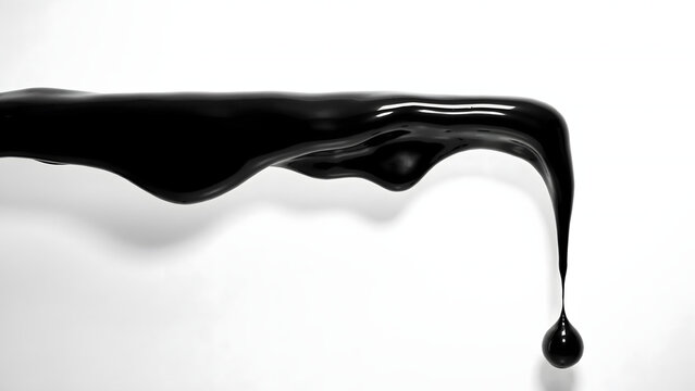 A thick, viscous stream of black liquid pouring down against a clean white background, creating a single droplet at the very bottom edge