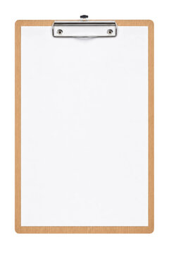 Blank wooden clipboard with a white sheet of paper isolated on a clean white background surface