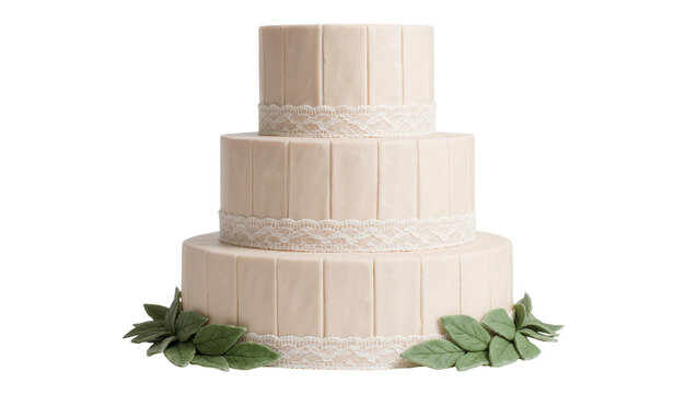 Elegant three-tiered beige cake with white lace trim and green fondant leaves, isolated on transparent background