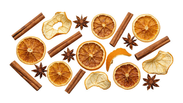 Dried orange slices apple rings cinnamon sticks and star anise, isolated on transparent background