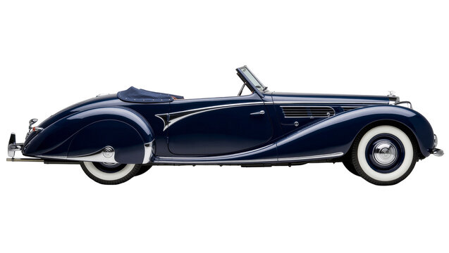 Classic dark blue convertible luxury automobile with chrome accents, isolated on transparent background