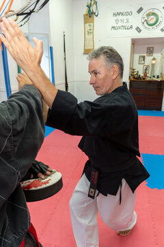 Hapkido master demonstrating a defensive block and counter technique during martial arts training in a dojang