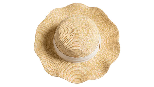 Woven straw sun hat with scalloped brim and fabric band, isolated on transparent background