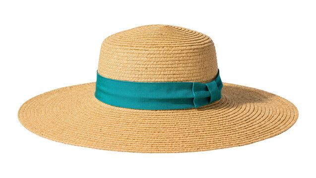 Wide brim straw hat with teal ribbon band, isolated on transparent background
