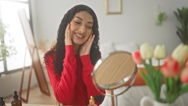Young woman with hands on cheeks looking into a vanity mirror at a dressing table in a building wearing a red sweater; self care contentment.