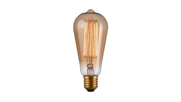 Edison incandescent light bulb with visible filament, isolated on transparent background