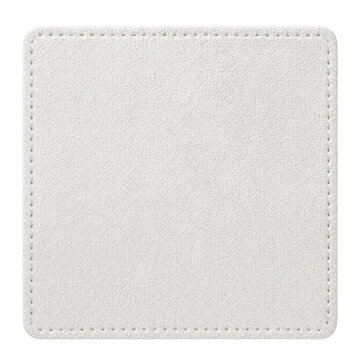 Blank white square leather patch with stitched border isolated on a white background