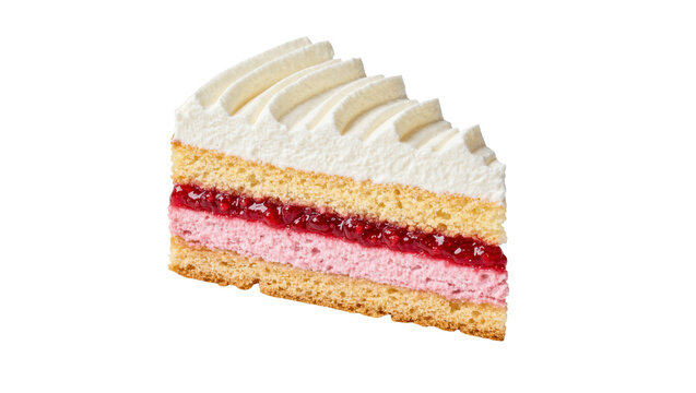Layered sponge cake slice with raspberry jam and pink cream, isolated on transparent background