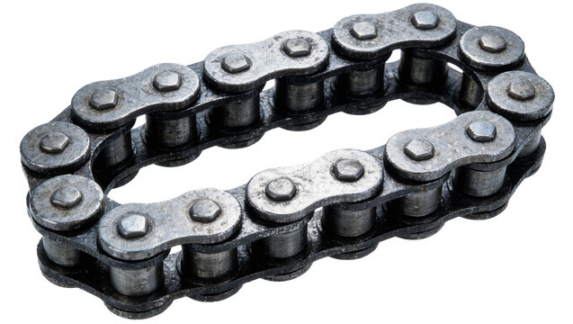 Heavy duty metal roller chain with interlocking links, isolated on transparent background
