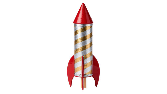Red and silver striped rocket with red fins, isolated on transparent background