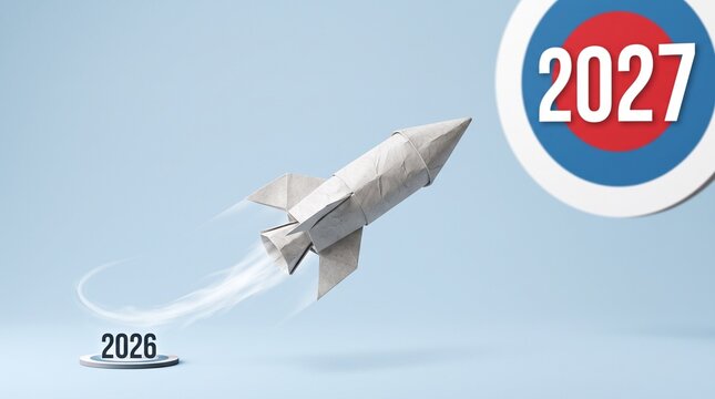 Paper rocket launches from year 2026 toward a bullseye target labeled 2027 on a light blue background.