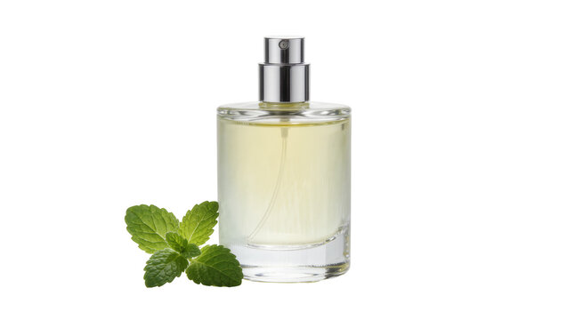 Clear glass perfume bottle with silver spray nozzle and fresh mint leaves, isolated on transparent background