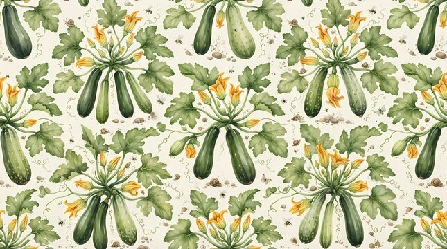 Watercolor seamless pattern of green zucchini plants with yellow flowers