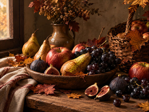 Bodeg&oacute;n de frutas de oto&ntilde;o peras, manzanas, higos y uvas