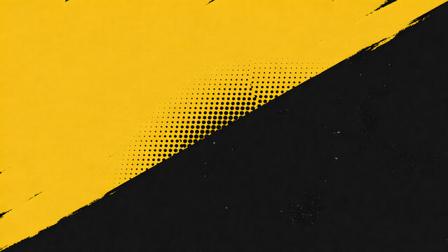 Abstract background, with a diagonal, split between yellow, and black featuring, a textured brush, stroke effect and, a central halftone, dot pattern