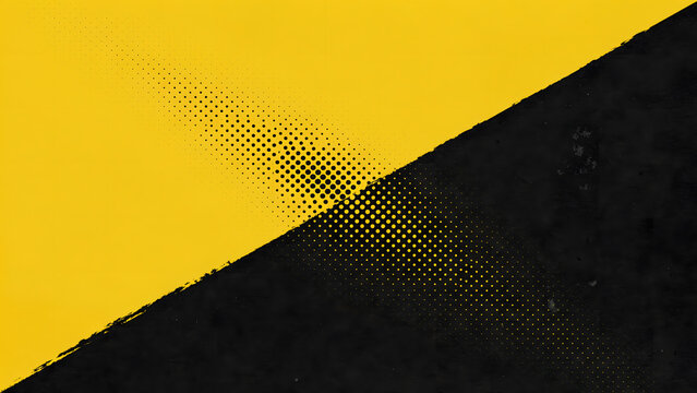 Abstract background, with a diagonal, split between yellow, and black featuring, a textured brush, stroke effect and, a central halftone, dot pattern