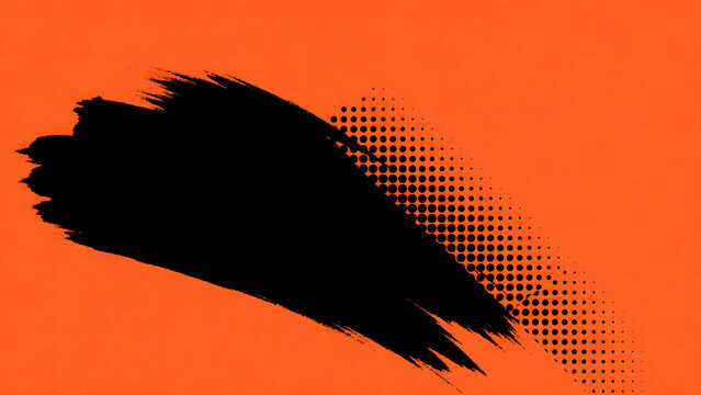 Abstract black brush stroke texture with a halftone dot pattern overlay on a vibrant orange background, for and artistic projects