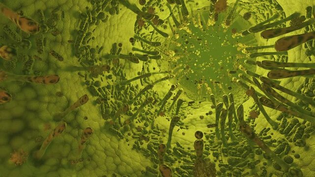 4k 3d loop inside human intestine tunnel with microscopic villi polyps and floating gut microbiome bacteria. Realistic medical visualization of digestive tract flora and probiotic biology background.