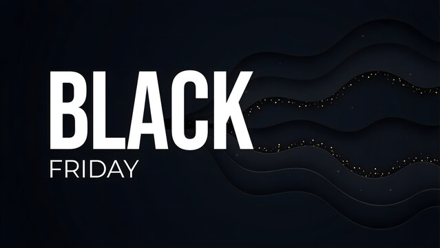 Black friday banner with layered dark paper waves and gold glitter particles on a dark background, for retail sales promotions