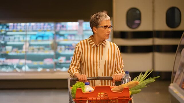 Mature woman pushing shopping cart in supermarket grocery aisle