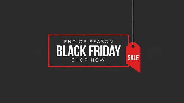 Black friday end of season sale with a red price tag hanging on a string against a dark charcoal gray background, for retail events