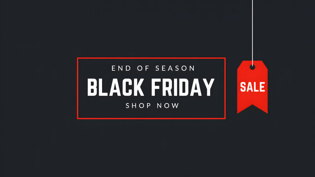 Black friday end of season sale with a red price tag hanging on a string against a dark charcoal gray background, for retail events