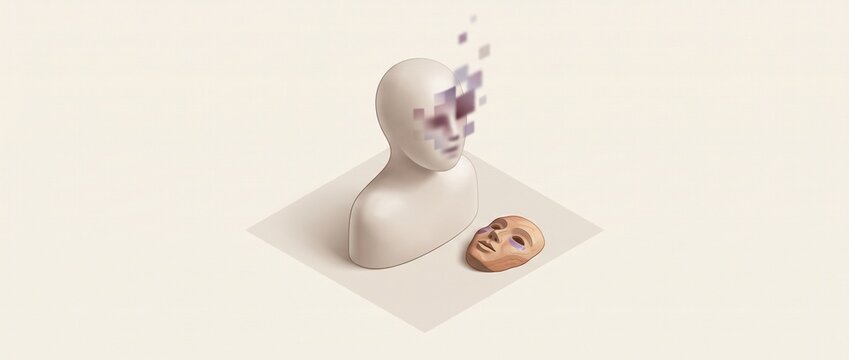 Mannequin bust with face dissolving into pixel fragments beside a mask