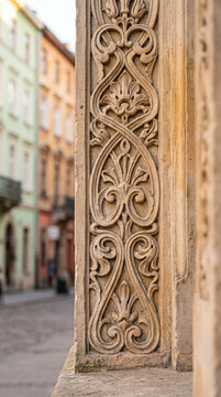 Close Up of Ornate Art Nouveau Facade Carving in Lviv Ukraine
