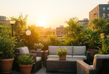 Fototapeta premium Urban rooftop garden lifestyle, outdoor lounge area with wicker furniture and potted plants at sunset for relaxation and city living home improvement