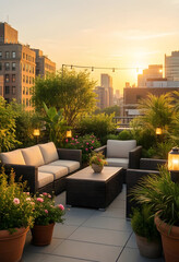 Obraz premium Urban rooftop garden lounge at sunset, luxury outdoor living space with patio furniture and city skyline view for real estate and lifestyle marketing