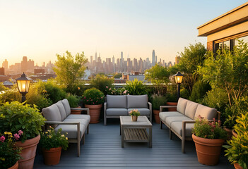 Fototapeta premium Urban lifestyle and luxury living, rooftop terrace garden with comfortable outdoor furniture overlooking a city skyline at sunset for real estate