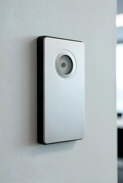 Smart office security and access control, modern electronic door reader for keyless entry and building surveillance mounted on a white wall in an office