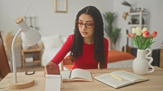 Woman writing in notebook while checking smartphone at a bedroom desk, wearing red glasses and leaning forward; concentration study.