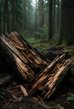 Deforestation and environmental decay, broken tree trunk on forest floor with moss and wood texture in nature conservation and climate change