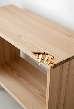 Furniture damage and home repair, broken wooden shelf with splintered edge and structural defect in modern interior design for renovation project